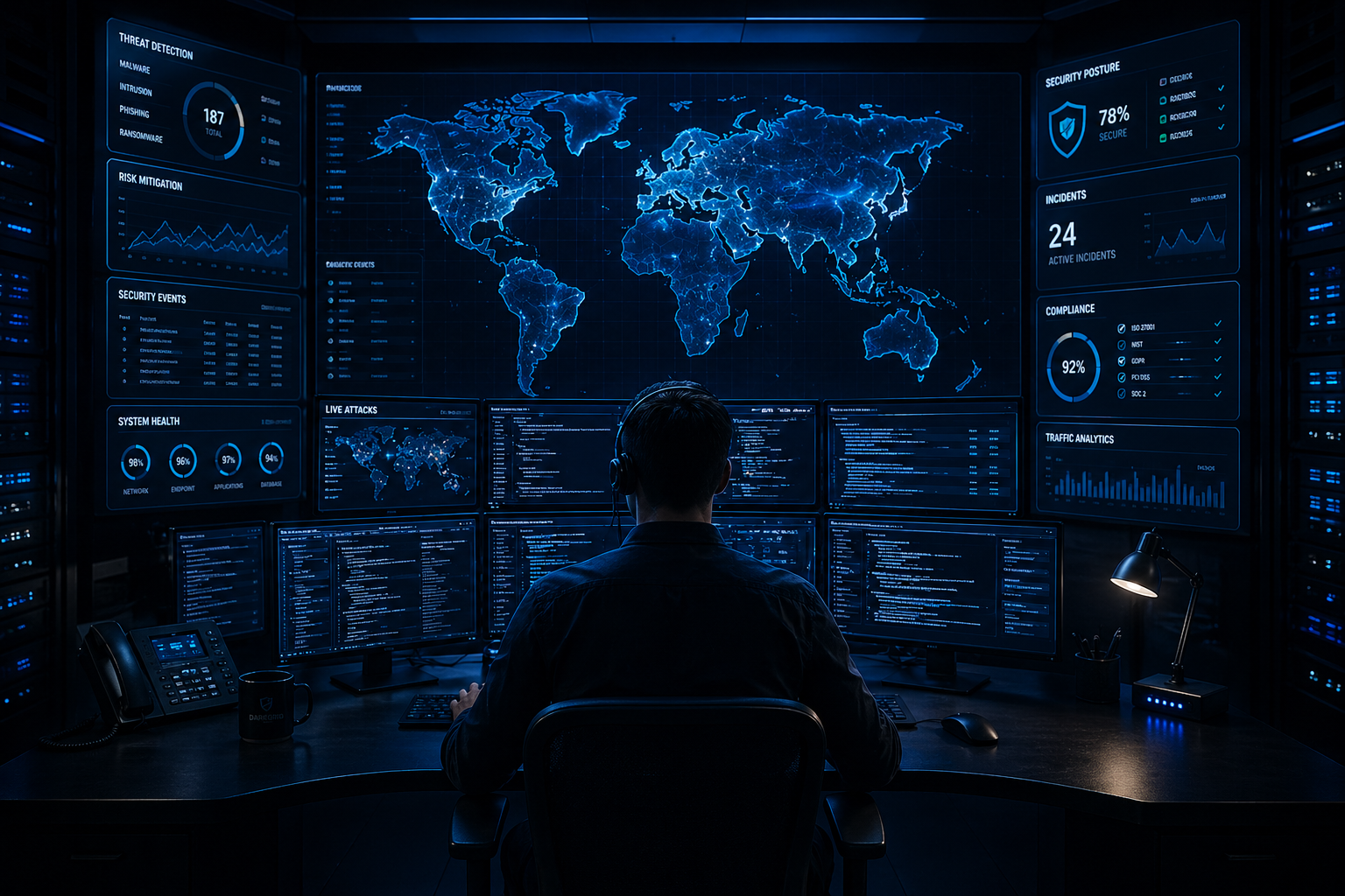 Security operations center with analysts monitoring cybersecurity dashboards